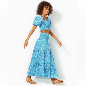 Lilly Pulitzer Aston Maxi Skirt Set in Blue By The Seashore size Small $278